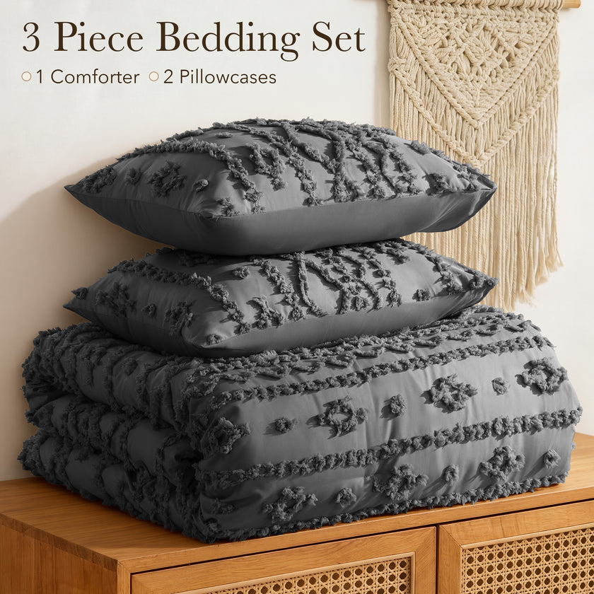 3 Piece Tufted Boho Comforter Set